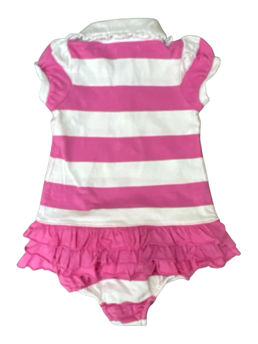 Polo Ralph Lauren Pink & White Striped Ruffled Polo Dress with Bloomer | 6 mo